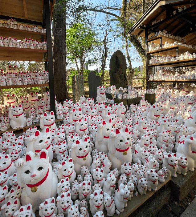 A shrine with white cat figurines