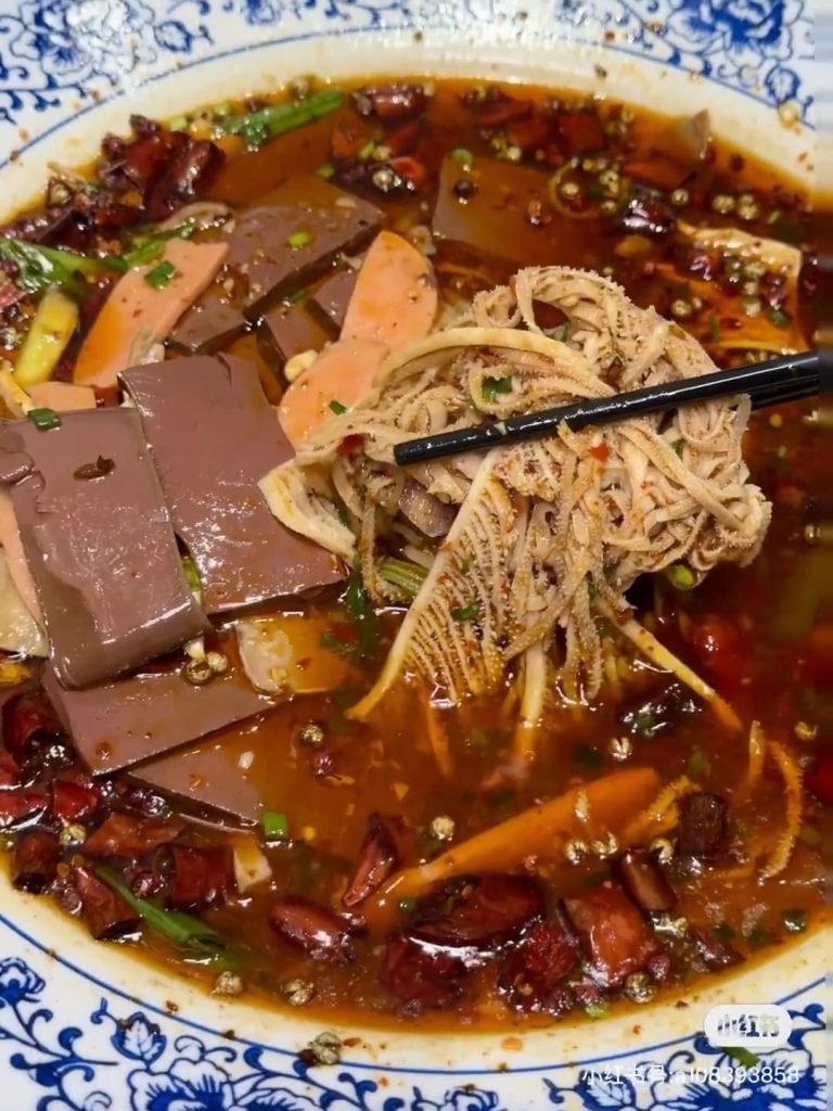 Pieces of duck in mix of noodles and vegetables