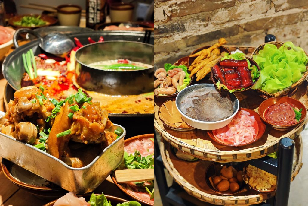 Two pictures showing treys of vegetables and meat to be cooked in a large pot