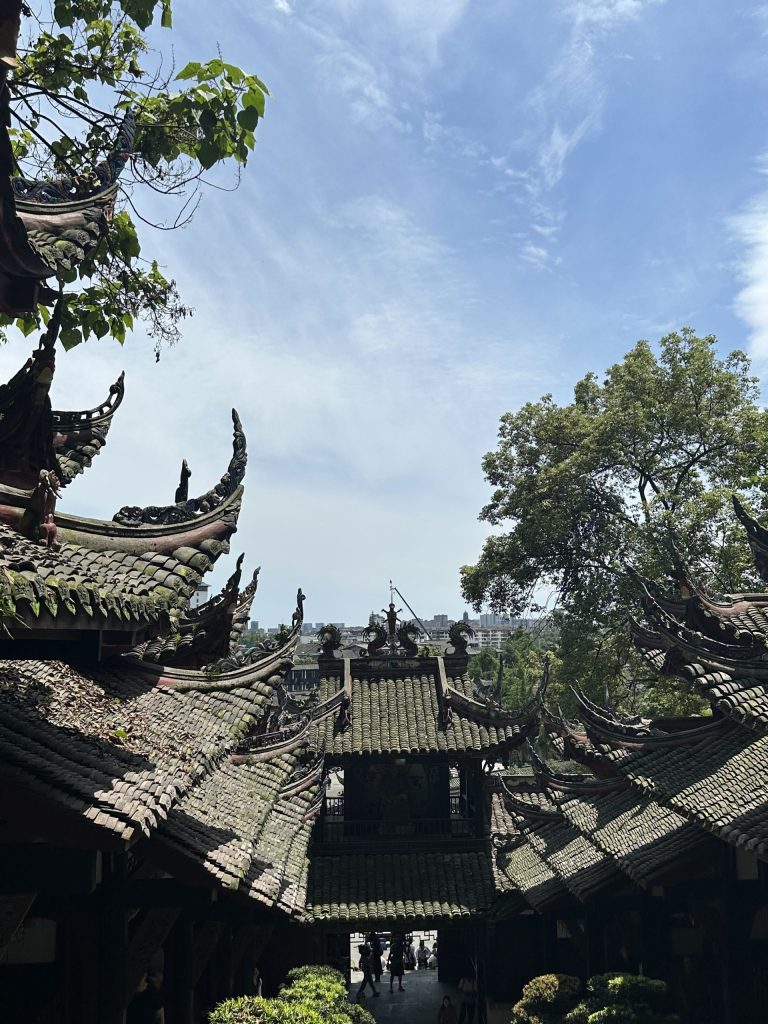 Multi level temple building amid trees