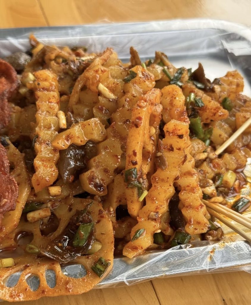 Potatoes cut into strips with chilli coating