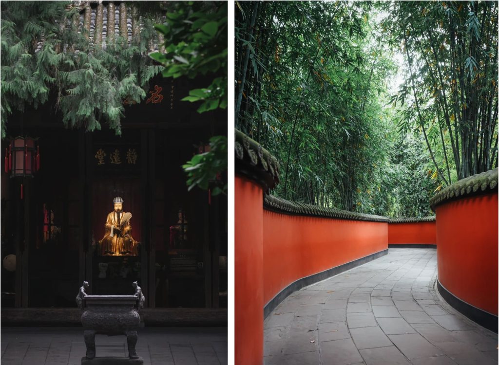 Shrine and bamboo lined path with red walls