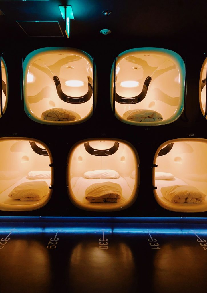 Sleeping pods in a capsule hotel