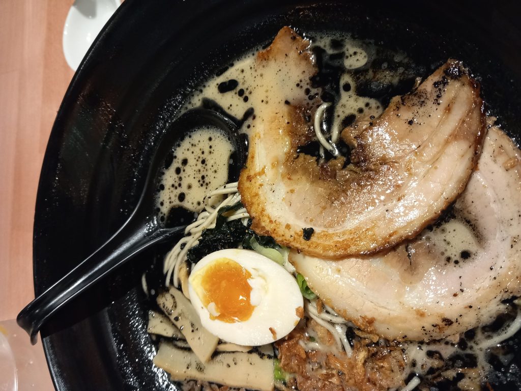 Bowl of ramen with eggs and mushrooms