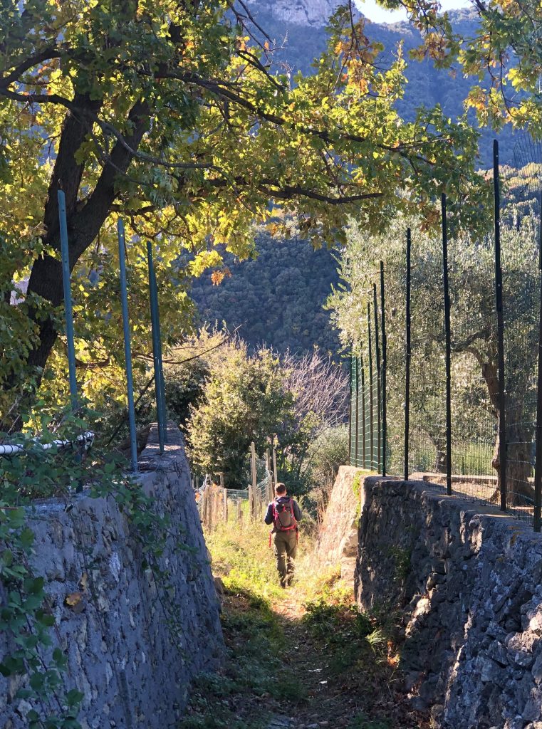 Hiker on a path between two stone walls