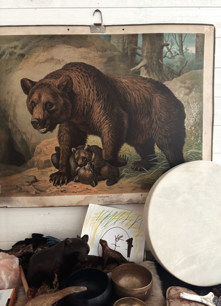 Painting of black bear and cubs