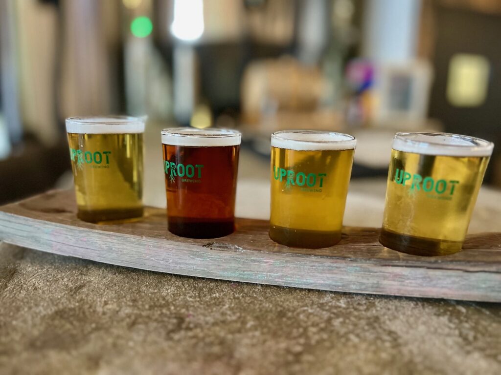 4 glasses of beer lined up on a wooden board