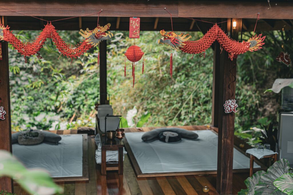 Wellness setup with yoga mats in eco resort with jungle view