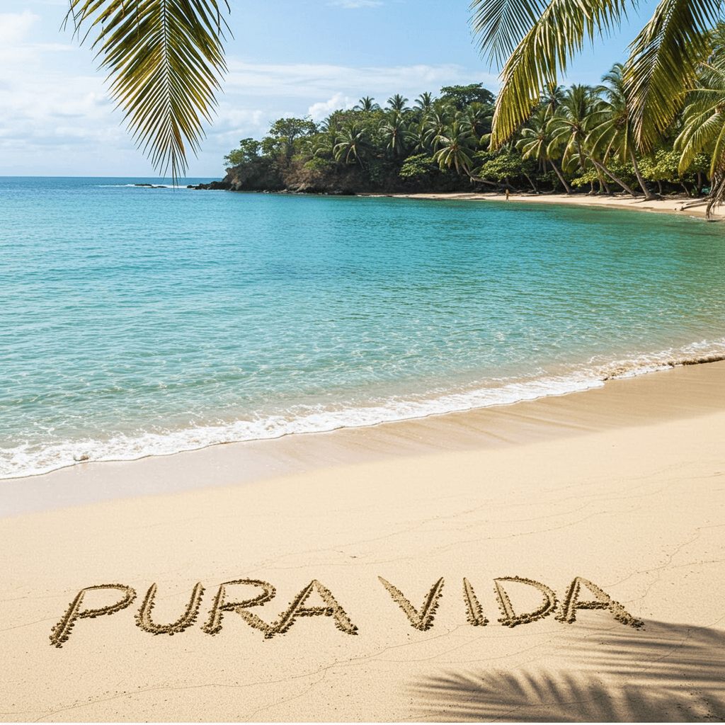 Tropical beach with the words Pura Vida written in the sand