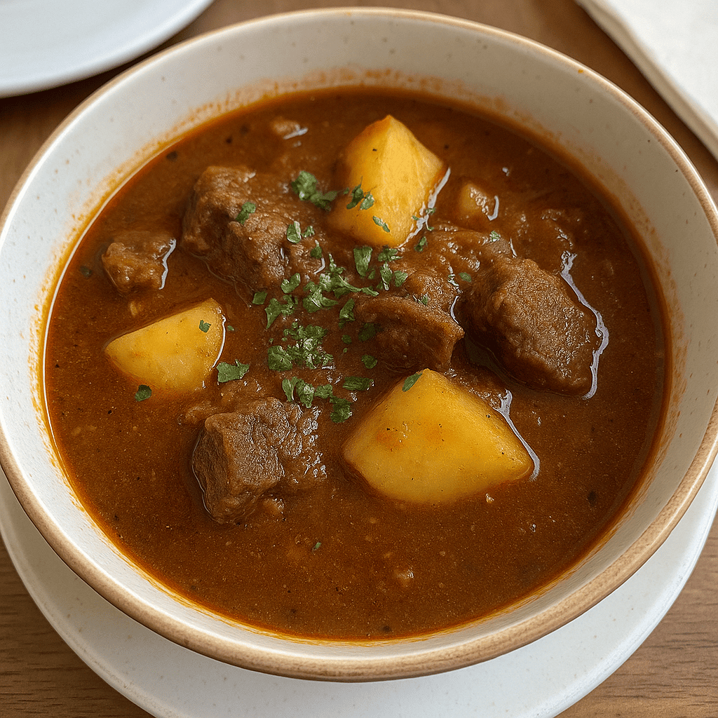 Bowl of goulash. Potatoes, meat in paprika sauce.