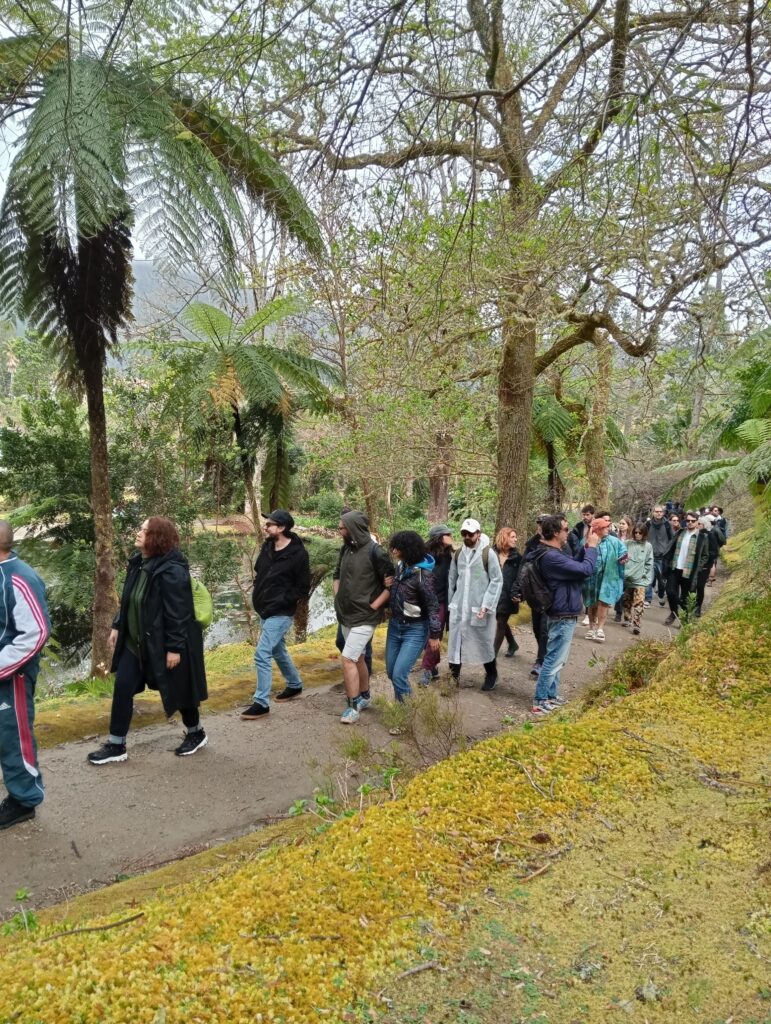 Group of people on a hiking path in forest setting