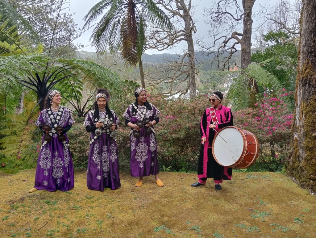 Women in purple dresses and another woman in black and pink robe performing musical act in forest setting