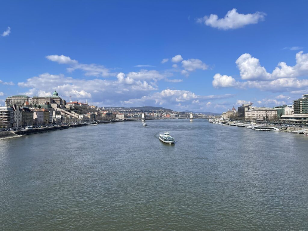 Wide river seen from a bridge, with buildings on either side