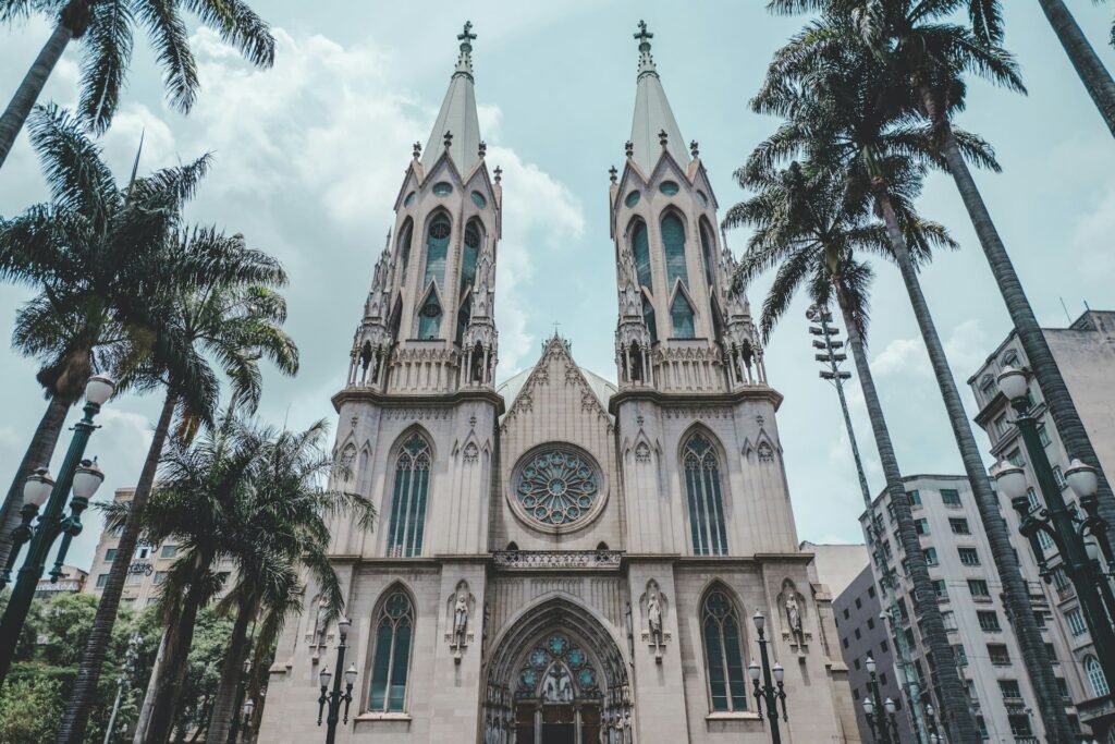 Cathedral with two spires surrounded by palm trees