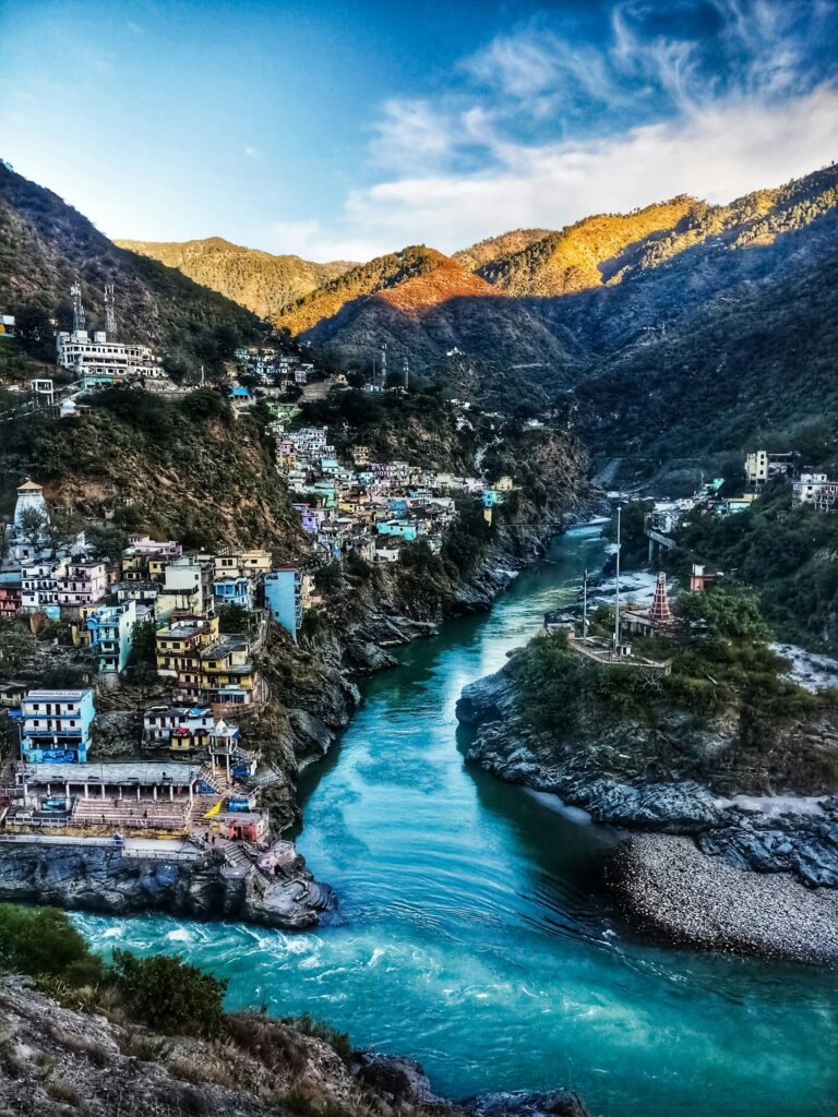 River confluence in mountain village