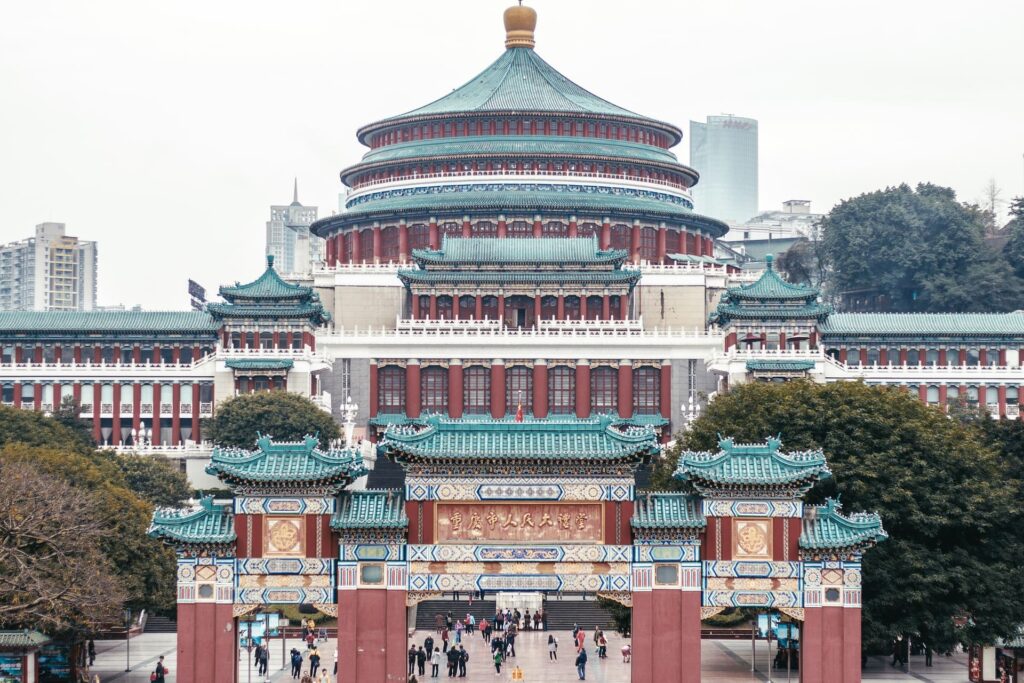 Multi-level auditorium building with gated entrance