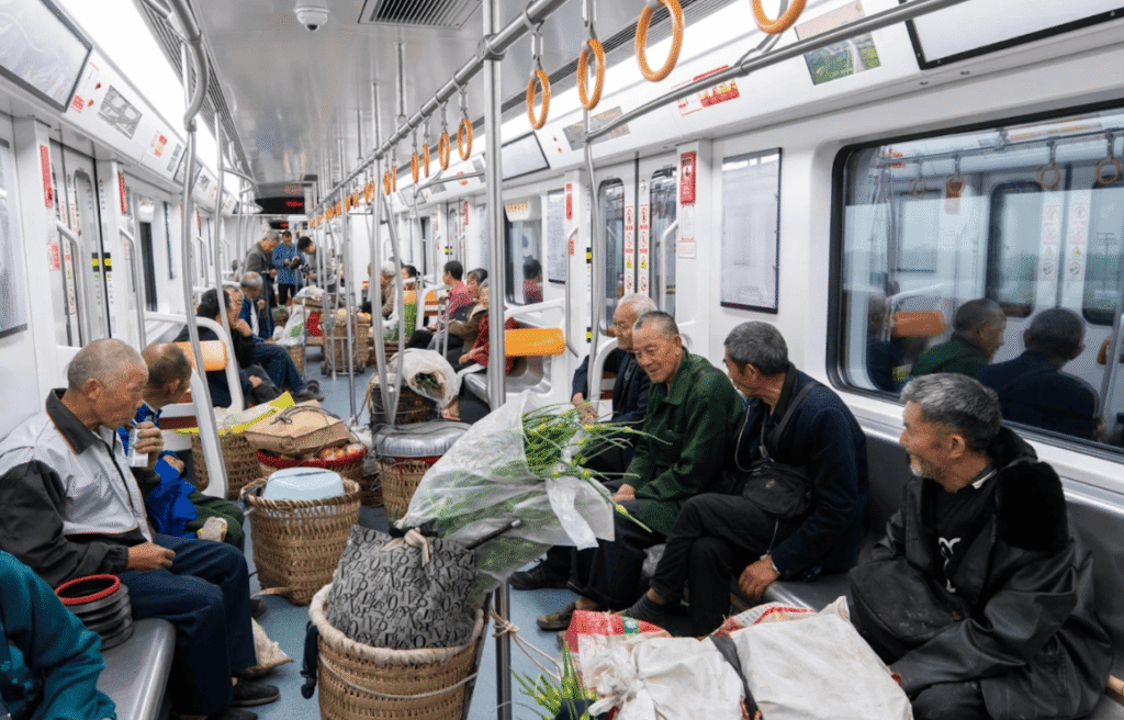 Older men with their produce riding in metro