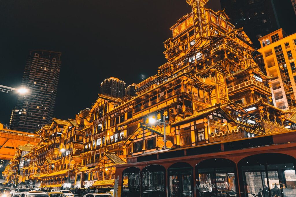 An old style building lit in golden light