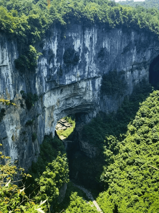Tree covered ridge with an opening forming a tunnel below