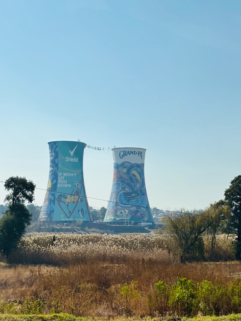 Two power towers with graffiti