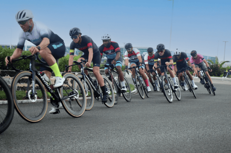 Cyclists in race coming around a bend