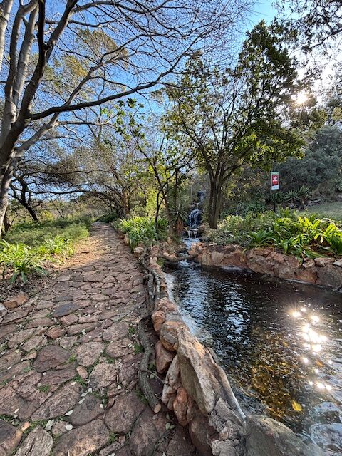 Stone walkways along a small river in a park