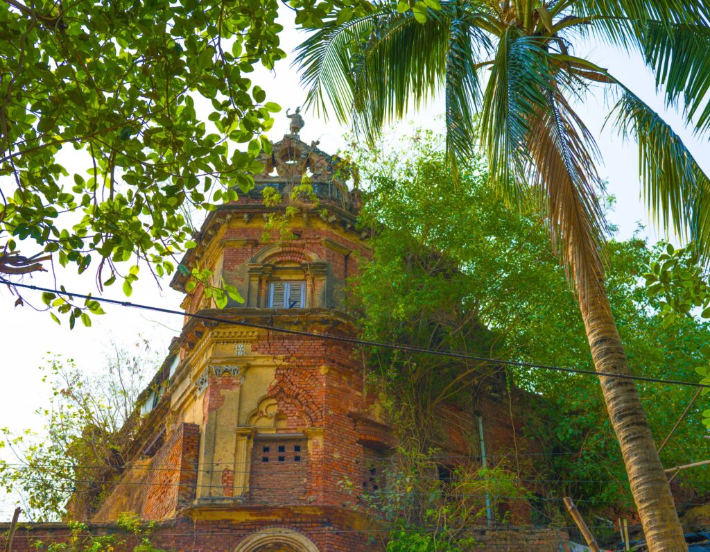 Three story house amid palm trees