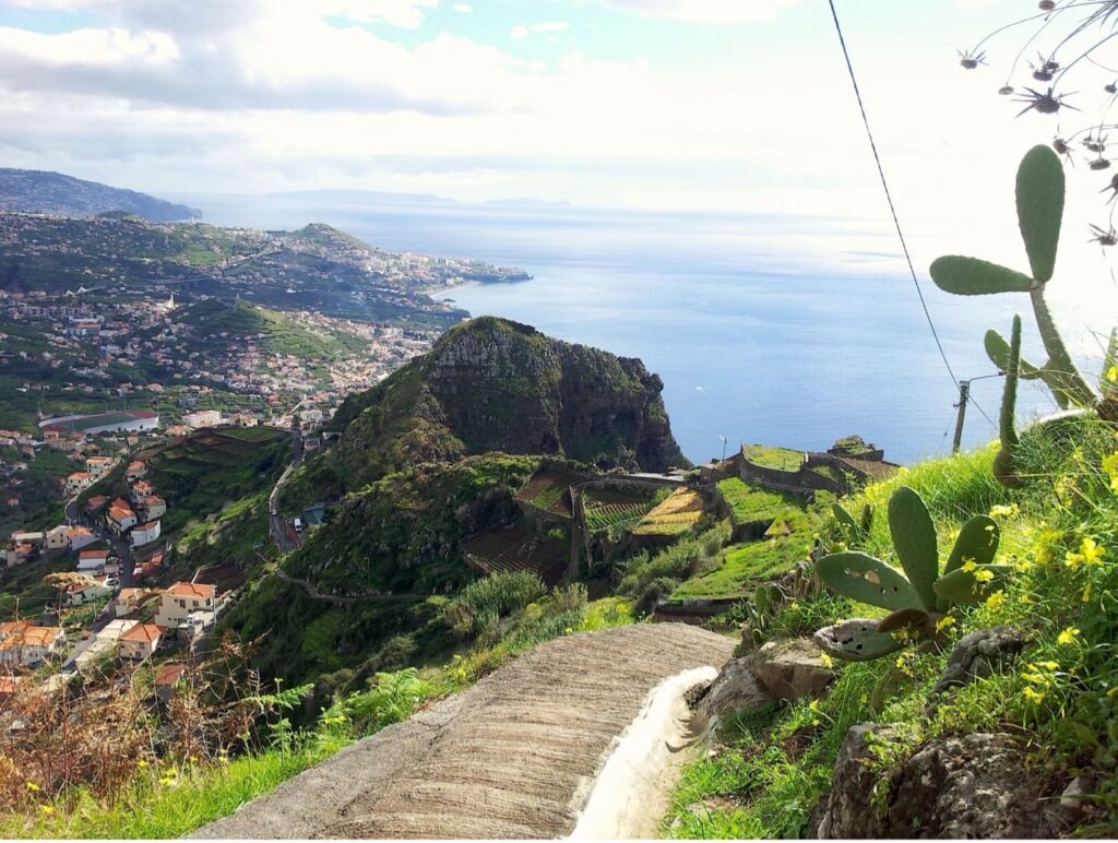 Elevated hiking path with view of ocean and landscape