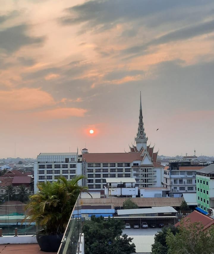 View of cityscape nearing sunset