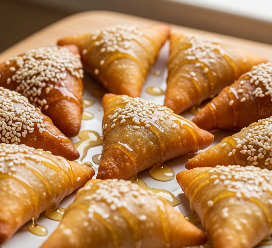 Plate of triangle shaped dessert drizzled with honey and sesame seedds