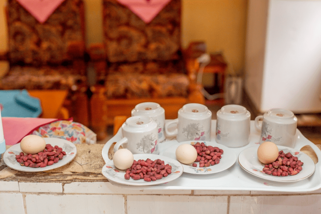 Plates and cups in a living room