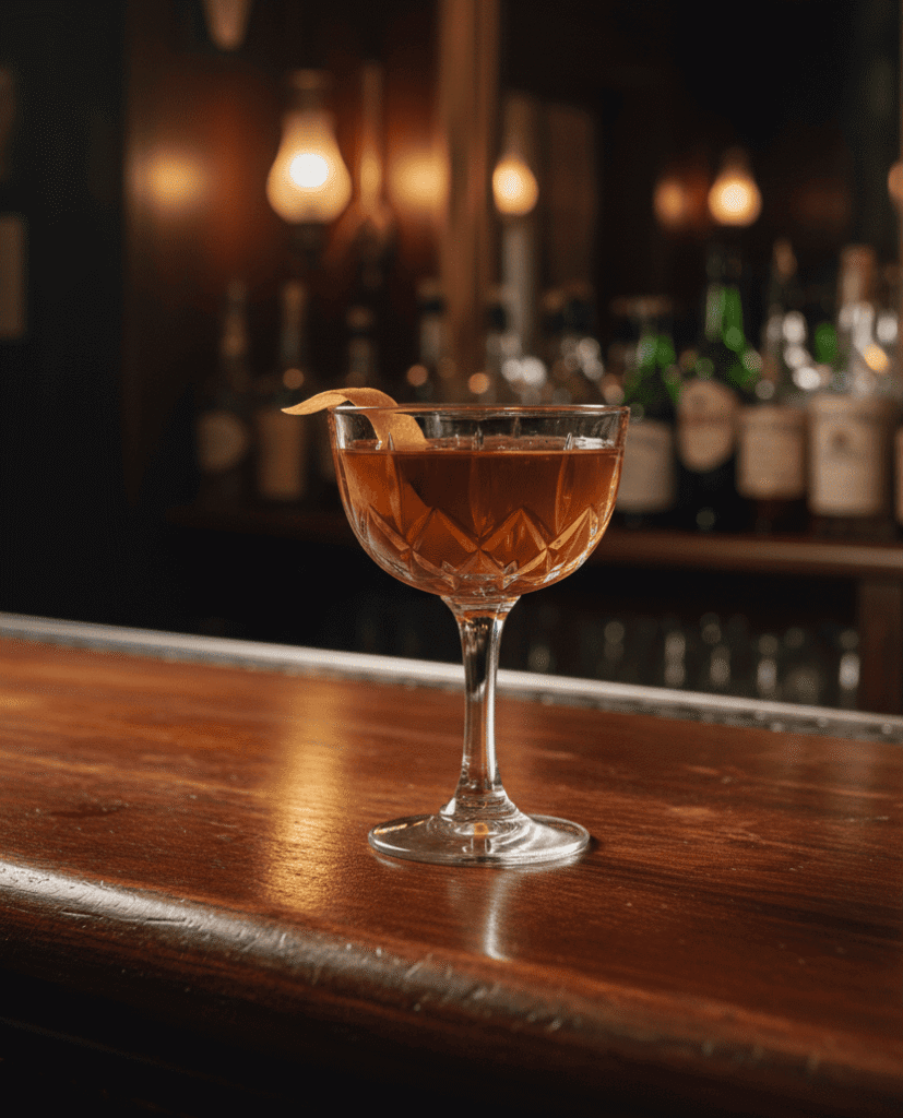Cocktail glass on bar with a lemon wedge in it