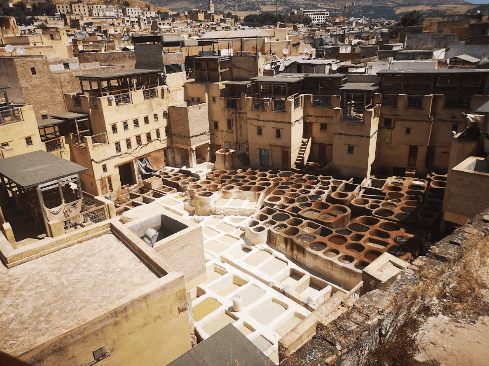 Aerial view of tannery in between houses
