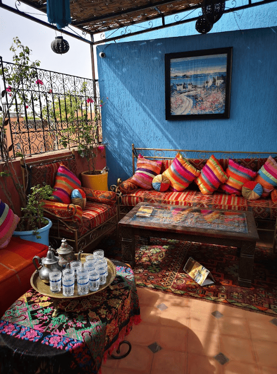 Middle Eastern style decorated room with tray of mint tea.