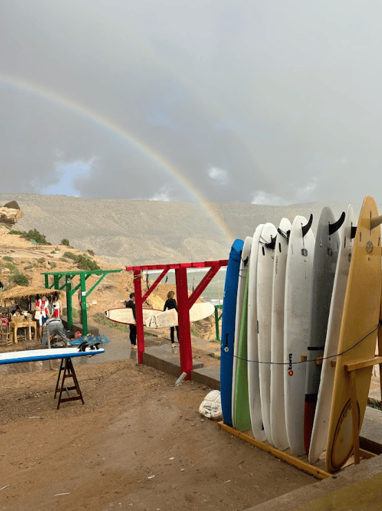 Lined up surf boards amid a rainbow backdrop