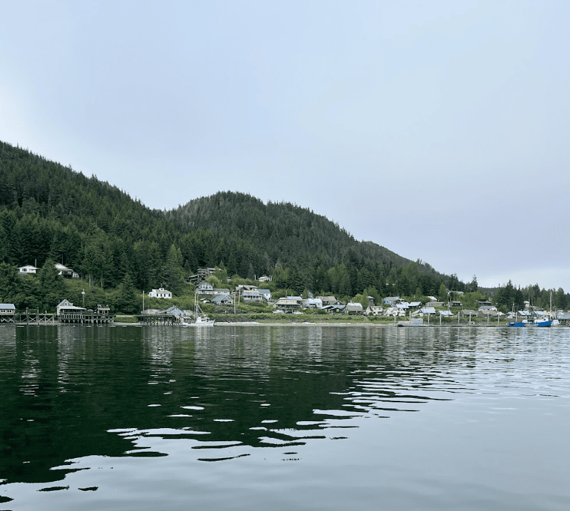 Village near shoreline with forested mountains behind