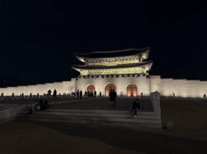 Palace entry and tower lit up at night