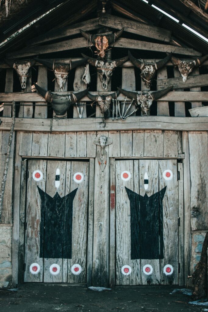 Tree facade on house decorated with skulls from hunting