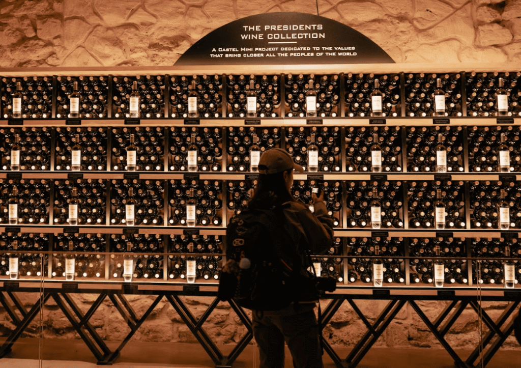 Person taking a photograph of a wine cellar